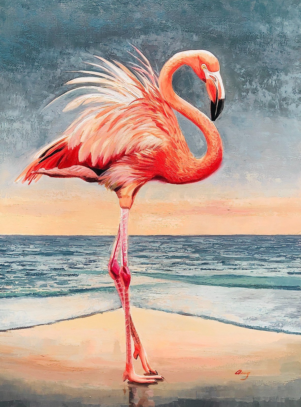 The Beauty — 36″×48″ flamingo painting by Qing Wang (Sold)