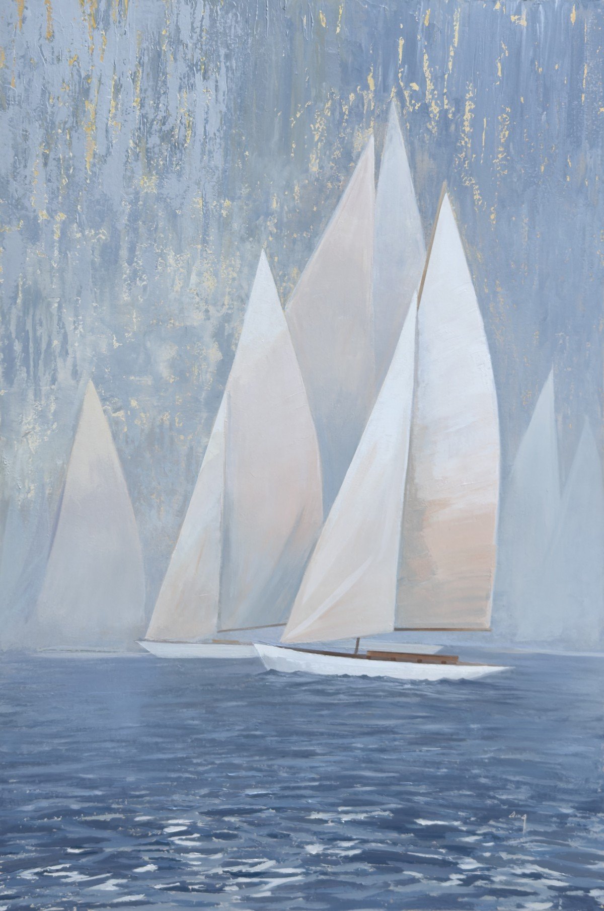 In The Mist — sailboats on calm blue water beneath a silver-and-gold abstract sky by Qing Wang